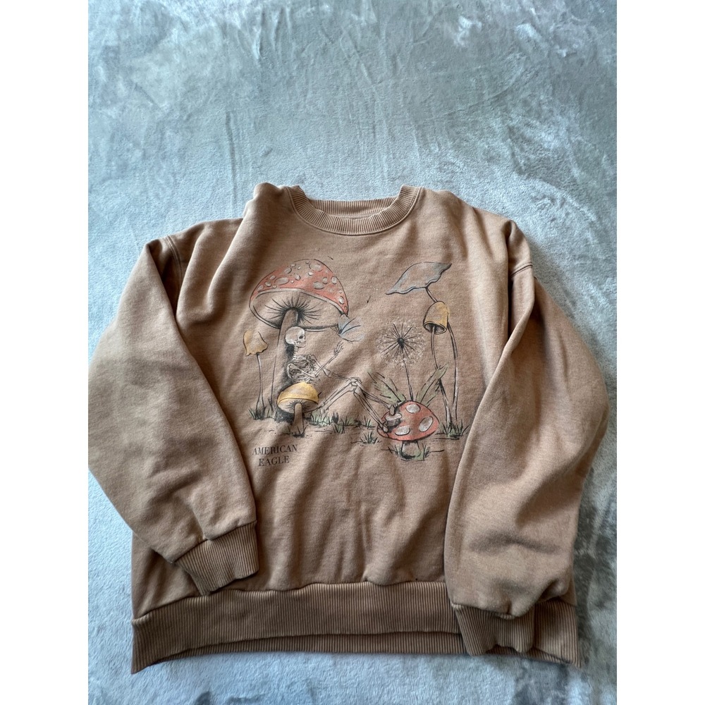 American Eagle Sweatshirt Womens Large Brown Mushroom Skeleton Graphic Pullover